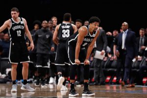 Spencer Dinwiddie can’t believe he didn’t get a call from the officials as time expired in overtime Monday night, leaving the Nets to lament a 114-113 loss to the visiting Toronto Raptors at Downtown’s Barclays Center. AP Photo by Adam Hunger