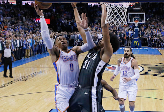 Reigning NBA MVP Russell Westbrook broke the Nets’ hearts with this layup over Jarrett Allen Tuesday night in Oklahoma City, leading the Thunder to a 109-108 victory over Brooklyn.  AP Photo by Sue Ogrocki