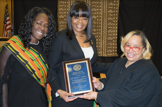 Nobody celebrates Black History Month like the Brooklyn court system, which kicked off its 20th annual celebration with an opening ceremony at the Kings County Supreme Court, Criminal Term, on Thursday with keynote speaker Wendy C. McClinton (center), CEO of Black Veterans for Social Justice. Also pictured are co-chairs of the court's Black History Month Committee Leah Richardson (left) and Hon. Deborah Dowling (right). Eagle photos by Rob Abruzzese