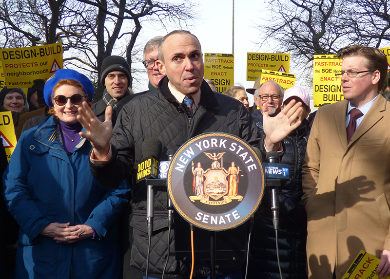 Officials on Friday expressed outrage that political maneuvering in Albany could block the city’s efforts to fast track the $1.9 billion reconstruction of the Brooklyn-Queens Expressway (BQE). Shown: Councilmember Mark Treyger called the maneuverings a political game. Photos by Mary Frost