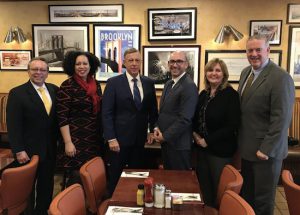 Peter Meyer (third from left), market president of TD Bank, congratulates the presidents of chambers of commerce from around the city. Pictured with Meyer are: Nunzio Del Greco of the Bronx; Jessica Walker of Manhattan; Andrew Hoan of Brooklyn; Linda Baran of Staten Island; and Thomas Grech of Queens (left to right). Photo courtesy of Brooklyn Chamber of Commerce