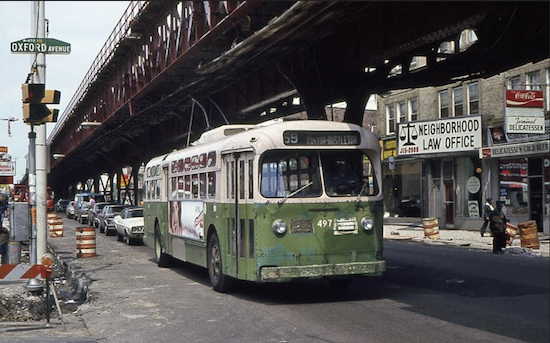 A trolley bus, of the type used in Brooklyn in the 1950s, is seen in Philadelphia in 1979. Flickr photo by David Flett