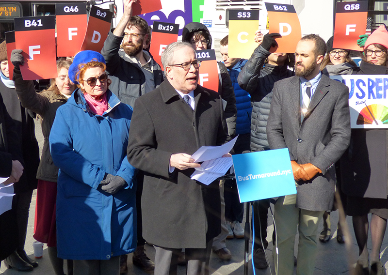 NYC Comptroller Scott Stringer, center, with Assemblymember Jo Anne Simon, left, and transit advocates from Bus Turnaround Coalition, right. Photos by Mary Frost