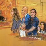 Joaquin “El Chapo” Guzman stands ready in Brooklyn’s federal court to read a note he wrote to the Judge Brian Cogan. From left: Judge Cogan, Assistant U.S. Attorney Andrea Goldbarg, defense attorney, Eduardo Balarezo, Guzman, his wife Emma Coronel Aispuro and their twin daughters. Court sketch by Shirley and Andrea Shepard