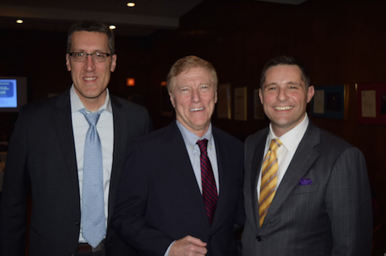 The Kings County Criminal Bar Association hosted attorney Michael S. Ross (center) for its annual CLE on ethics. Ross is pictured with former KCCBA President Michael Farkas (left) and its current President Michael Cibella (right). Eagle photos by Rob Abruzzese