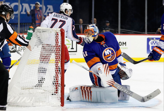 Jaroslav Halak didn’t know which way to turn as he was peppered with 51 shots in Tuesday night’s 4-1 loss to Columbus at Downtown’s Barclays Center. AP Photo by Kathy Willens
