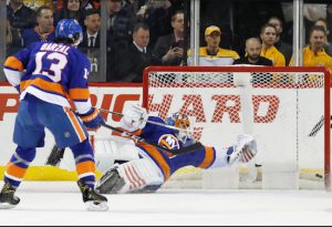Jaroslav Halak just missed Roman Josi’s game-winning goal in overtime Monday night at Barclays Center as the Islanders suffered a grueling 5-4 loss to the defending Western Conference champion Nashville Predators. AP Photo by Kathy Willens