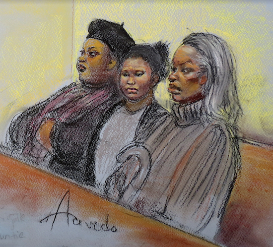 Mikayla Capers, 11, is flanked by her legal guardian and great-aunt Brigitte Capers (left) and great grandmother Regenia Trevethan (at right), as opening remarks are made in Capers’ civil trial against the New York City Housing Authority. Court sketches by Alba Acevedo