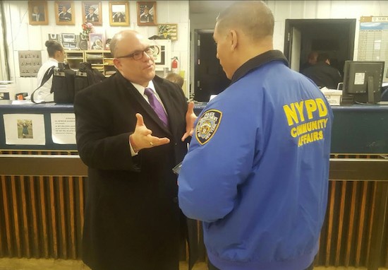 Councilmember Justin Brannan (left) talked about the importance of the NYPD’s Neighborhood Policing program when he was campaigning for his council seat last year. Photo courtesy of Justin Brannan’s council campaign