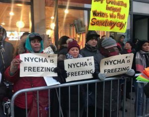 Members of the group Community Voices Heard protested deteriorating conditions at NYCHA housing projects last week as Mayor Bill de Blasio gave his State of the State address at Kings Theatre in Flatbush. Photo courtesy of Community Voices Heard