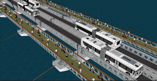 An East River pontoon bridge connecting Williamsburg to Manhattan is the latest proposal on how to mitigate the L-train shutdown. Renderings courtesy of L-Ternative Bridge