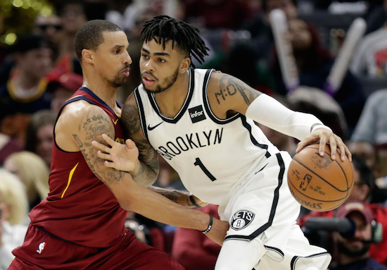 D’Angelo Russell couldn’t get past or shoot over George Hill when it mattered most Tuesday night in Cleveland as the Nets lost a heartbreaker to the defending Eastern Conference champions. AP Photo by Tony Dejak