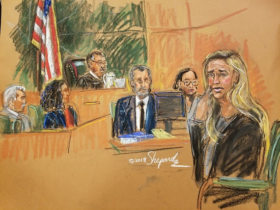 Tara Lenich hears her sentence in Judge William Kuntz’s courtroom at Brooklyn’s federal court. Court sketch by Shirley and Andrea Shepard