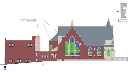 In this condo-conversion design for St. Luke's Evangelical Lutheran Church, the green panels represent religious stained-glass windows the developer will remove. Rendering by ROART via the Landmarks Preservation Commission