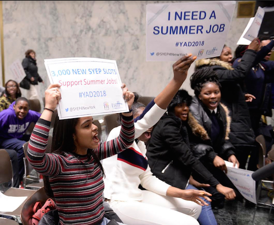 Teens rallied in the Legislative Office Building in the State Capitol for more funding for a program that helps young people get summer jobs. Photo courtesy of United Neighborhood Houses