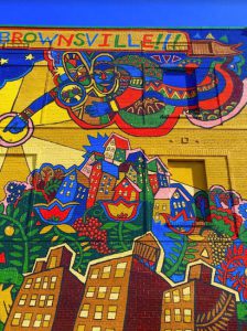 This mural on Herzl Street proclaims, “Welcome to Brownsville!!!” Eagle photos by Lore Croghan
