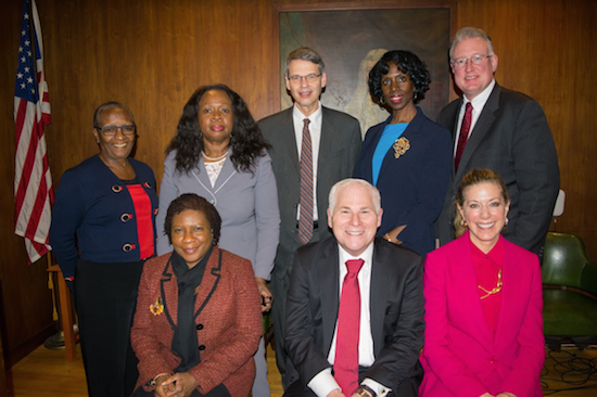 The Brooklyn Women's Bar Association hosted its annual Judiciary Night where the administrative and supervising judges from the local courts introduce their newest judges. Pictured clockwise from top left: Hon. Cheryl J. Gonzales, Hon. Sylvia Hinds-Radix, Hon. Lawrence Knipel, Hon. Sylvia Ash, Hon. Michael Yavinsky, BWBA President Michele Mirman, Hon. Alan Scheinkman and Hon. Ingrid Joseph. Eagle photos by Rob Abruzzese