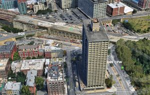 Brooklyn Heights residents have reason to fear that the tribulations experienced by residents of 140 Cadman Plaza West, shown above, during the multi-year Brooklyn Bridge repairs will be replayed across the whole neighborhood during the upcoming seven-year BQE rehab project.  Photo imagery © 2018 Google, Data SIO, U.S. Navy, NGA, GEBCO, Data LDEO-Columbia, NSF, NOAA, Landsat/Copernicus, Map data © 2018 Google