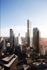 In this rendering, the 80 Flatbush development's supertall skyscraper is at right and the clock-topped Williamsburgh Savings Bank is at left. Rendering by Alloy Development/Luxigon