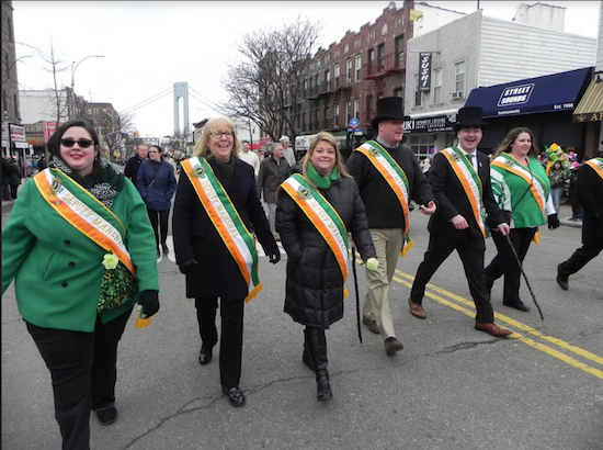 The deputy grand marshals of the Bay Ridge St. Patrick’s Day Parade march up Third Avenue in last year’s parade. Eagle file photo by Paula Katinas