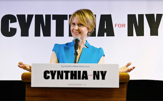 Cynthia Nixon, pictured at her first campaign stop in Brownsville on Tuesday after announcing she would challenge Gov. Andrew Cuomo in the Democratic Primary, has accepted invitations from Borough President Eric Adams and Councilmember Carlos Menchaca to pay a return visit the Brooklyn. AP Photo/Bebeto Matthews, File