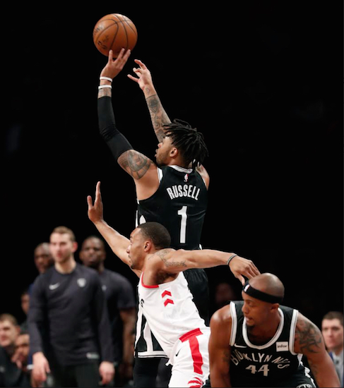 D’Angelo Russell was on fire early, but he and the rest of the Nets wilted down the stretch during Tuesday night’s home loss to the Raptors. AP photo by Kathy Willens