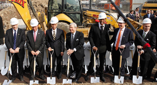 Forest City Ratner CEO Bruce Ratner, left, Mayor Michael Bloomberg, second from left, Gov. David Paterson, third from left, Brooklyn Borough President Marty Markowitz, fourth from right, entertainer Jay-Z, third from right, President of Barclays Robert Diamond, second from right, and Nets' CEO Brett Yormark prepare to shovel dirt during the groundbreaking for the Barclays Center in Brooklyn in 2010. AP Photo/Seth Wenig