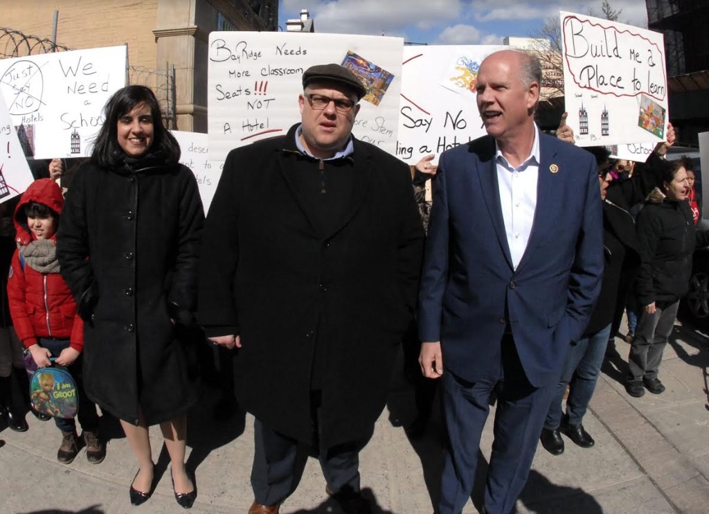 From left: Assemblymember Nicole Malliotakis, City Councilmember Justin Brannan and U.S. Rep. Dan Donovan join forces to protest the prospective hotel.