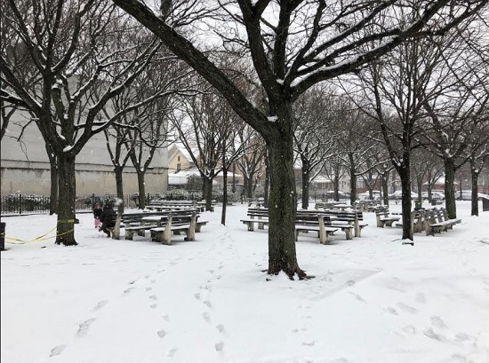 Milestone Park, on 18th Avenue and 81st Street in Bensonhurst, looked like a Winter Wonderland at noon on Wednesday. Eagle photos by Paula Katinas