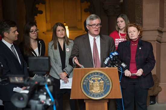 A bill to keep guns out of the hands of potentially dangerous individuals failed in the state Senate. Brooklyn Assemblymember Jo Anne Simon (far right) and state Sen. Brian Kavanagh (at the podium), and Manhattan’s state Sen. Brad Hoylman (far left) introduced the bill in January. Photo from a January press conference, courtesy of the Kavanagh's office