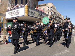 The NYPD Marching Band in front of the Pavilion movie theater in Park Slope. Eagle photos by Arthur De Gaeta