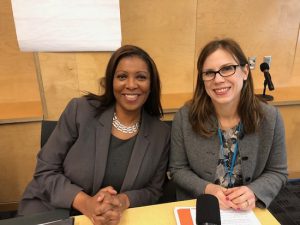 Public Advocate Letitia James (left) pictured with Jennifer Rodgers, executive director of the Center for the Advancement of Public Integrity at Columbia Law School at a forum last month, says sexual harassment in the workplace has economic consequences for victims who miss out on promotions and raises. Eagle file photo by Paula Katinas