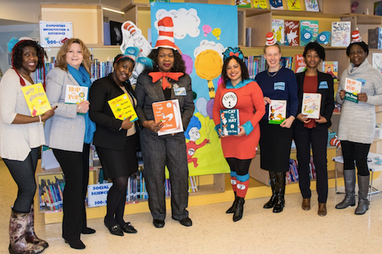 Members of the Brooklyn Women’s Bar Association hosted a Read Across America event at P.S. 274 in Bushwick last Friday where a group of judges and attorneys read to a group of first and second graders. Pictured from left: Joy Thompson, Hon. Nancy Bannon, Tyear Middleton, Hon. Sylvia Hinds-Radix, Hon. Joanne Quinones, Deborah Johnson, Natoya McGhie and Derefim Neckles. Eagle photos by Rob Abruzzese