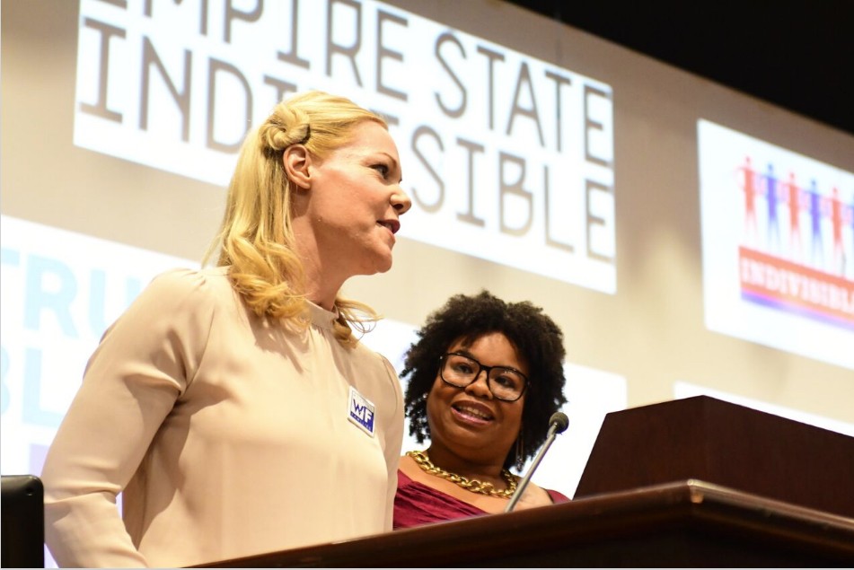 Left: Heather Stewart of Empire State Indivisible and Natasha Capers of Alliance for Quality Education.
