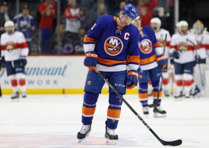 Team captain John Tavares bows his head in misery as the Islanders were mathematically eliminated from playoff contention following Monday’s night’s 3-0 loss to Florida at the Barclays Center. AP Photo by Kathy Willens