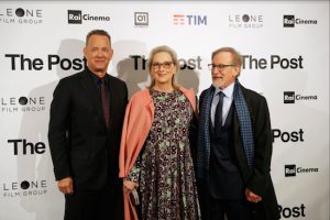 The character Tom Hanks plays in “The Post” lives in a house whose real-life location is Brooklyn Heights. Here's Hanks (at left) with co-star Meryl Streep and director Steven Spielberg at the film's Milan premiere. AP Photo/Antonio Calanni