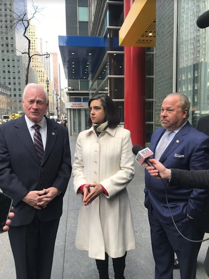 State Sen. Marty Golden (left) and Assemblymember Nicole Malliotakis held a press conference outside the Manhattan office of Gov. Andrew Cuomo with retired detective Bo Dietl to call for changes in the state’s parole system. Photo courtesy of Golden’s office