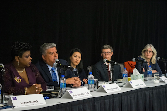 District Attorney Eric Gonzalez (second from left) spoke about his bail policy and said that Brooklyn can eventually end cash bail altogether during the National Association of Women Judges meeting in Downtown Brooklyn this weekend. Others pictured (from left): Bronx DA Darcel Clark, Crystal S. Yang, Skylar Albertson and Martha Rayner. Eagle photo by Rob Abruzzese