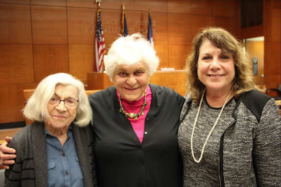 Two women, Inge Wagner (left) and Suzanne Loebl (center), were invited to the Brooklyn Supreme Court, Civil Term, on Thursday for a Holocaust Remembrance event with Justice Ellen Spodek (right), the Brooklyn Brandies Society, the Brooklyn Women’s Bar Association and the Brooklyn Bar Association. The two women discussed how their families escaped the Nazis during World War II. Eagle photos by Mario Belluomo