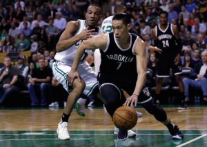Jeremy Lin drives during the first quarter of an April 2017 game. AP Photo/Charles Krupa
