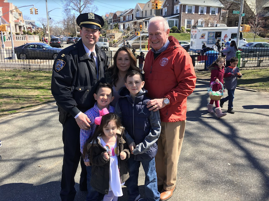 Sixty-Eighth Precinct Commanding Officer Robert Conwell, his wife Janice and their family pose with state Sen. Marty Golden. Eagle photos by John Alexander