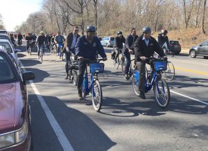 Borough President Eric Adams (with Councilman Brad Lander to his left) rode up Flatbush Avenue as part of his effort to highlight dangerous cycling routes in Brooklyn.