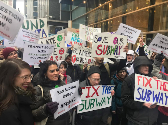 Members of transit advocacy groups, including the Riders Alliance, held a protest rally outside Gov. Andrew Cuomo’s midtown office. Photo courtesy of Riders Alliance