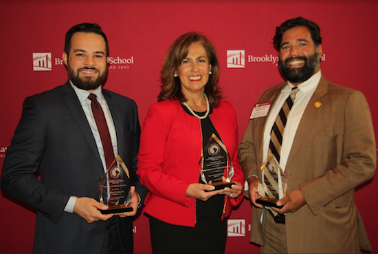 From left: Jonathan Soto, Hon. Connie Mallafre Melendez and M. Frank Francis were honored during a ceremony at Brooklyn Law School during the Latin American Law Students Association’s annual awards dinner. Eagle photos by Mario Belluomo