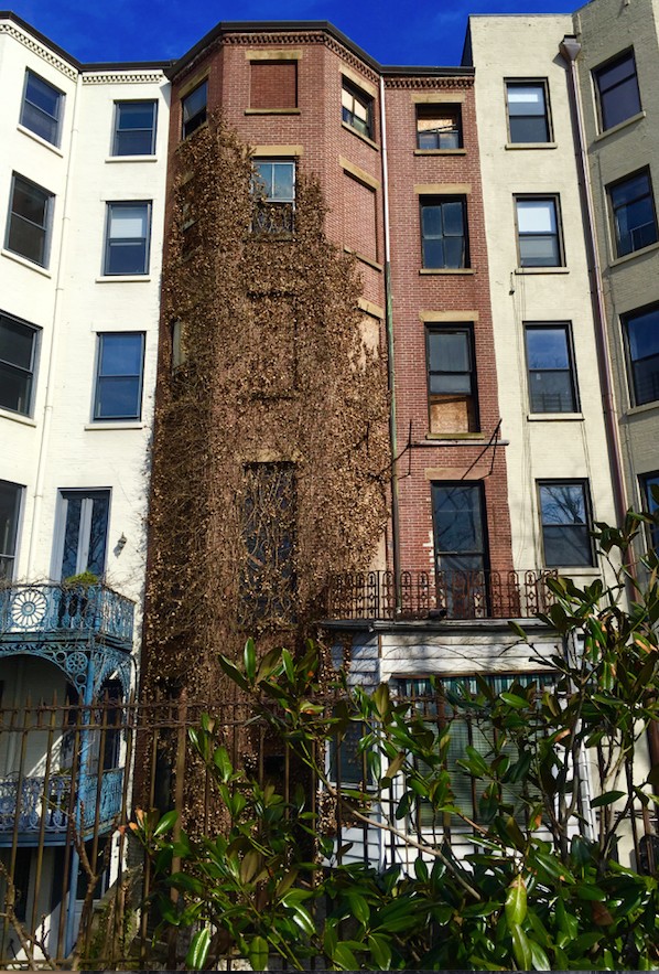 The Promenade-facing side of 194 Columbia Heights has bricked-in and boarded-up windows.