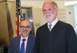 The Kings County Family Court held a Law Day event on Thursday, during which it invited Brooklyn Law School professor William Araiza to speak. Professor Araiza (left) is pictured with Judge Alan Beckoff. Eagle photos by Rob Abruzzese