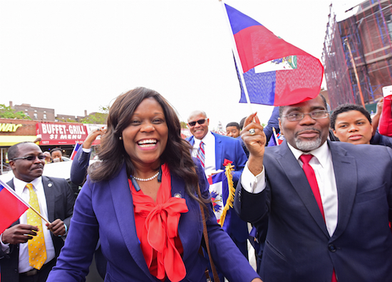 An exuberant Assemblymember Rodneyse Bichotte celebrates the intersection of Newkirk Street and Nostrand Avenue being renamed on Friday for Toussaint Louverture. Eagle photos by Andy Katz