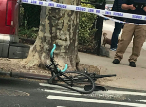 All that's left of the cyclist's bike was still sitting at 73rd Street and Ridge Boulevard an hour after the crash.