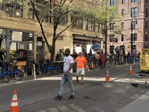 Film crews and their trucks are filling the narrow streets of Brooklyn Heights once again. Eagle photo by Will Hasty