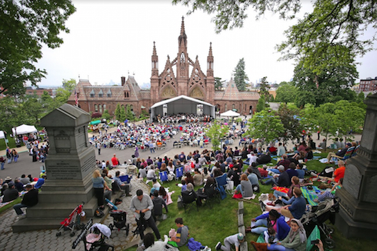 View of concert from Battle Hill looking down at Green-Wood’s famous Main Gate. Eagle photos by Andy Katz